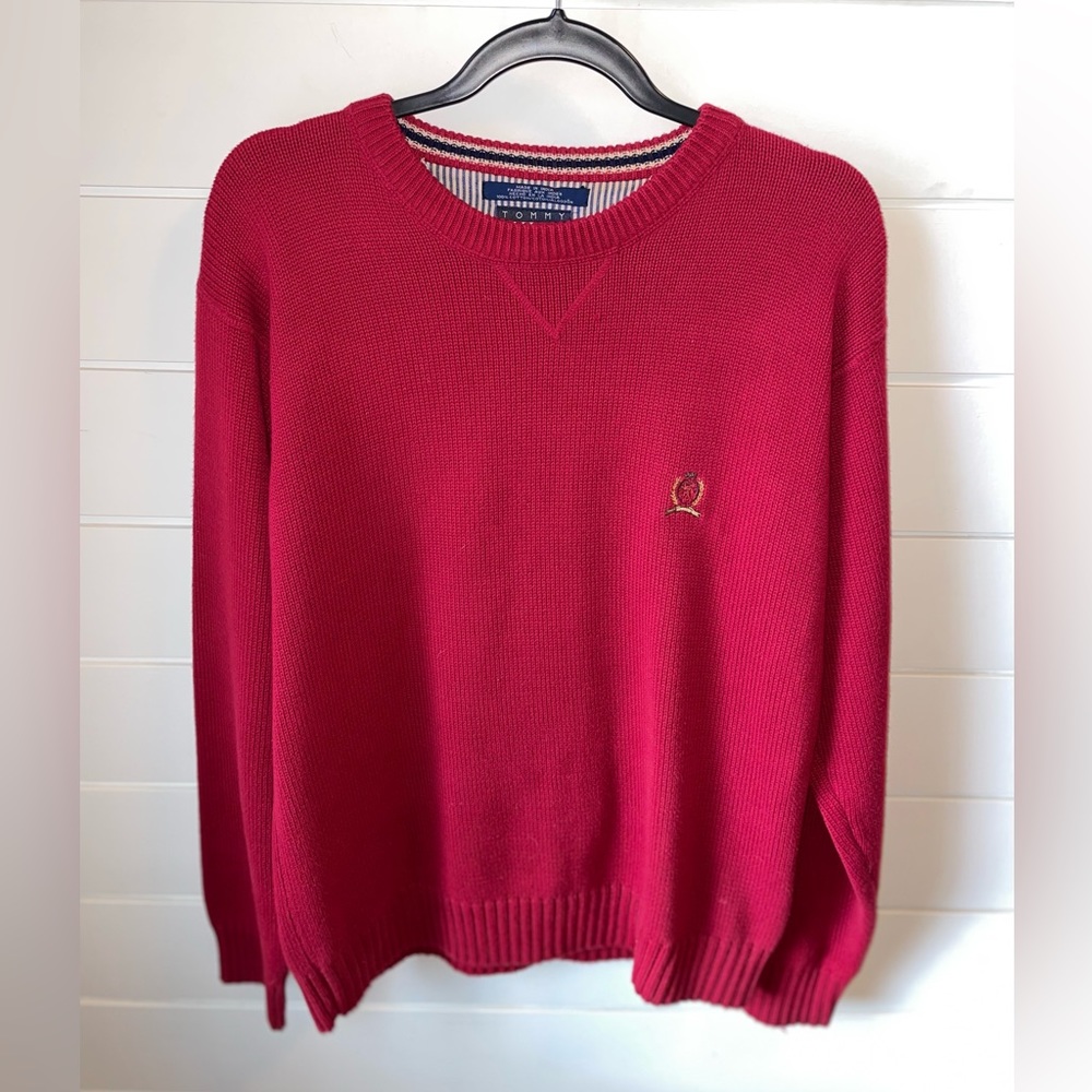 Vintage 90’s Tommy Hilfiger Red Sweater Mens L Large Pullover‎ 100% Cotton Knit